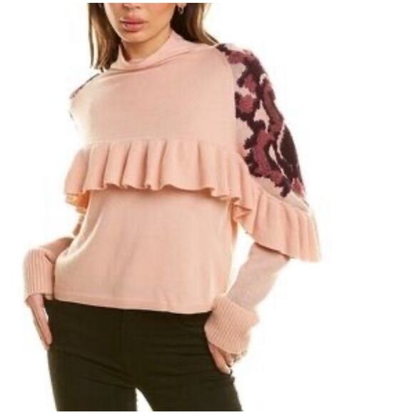 Naadam Sweater Ruffle Pink Floral Pink Mockneck Cashmere Wool Medium - Picture 1 of 3